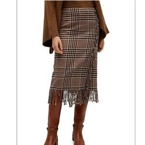 NEW Mango Checked Fringed Wool Midi Skirt Medium Academia